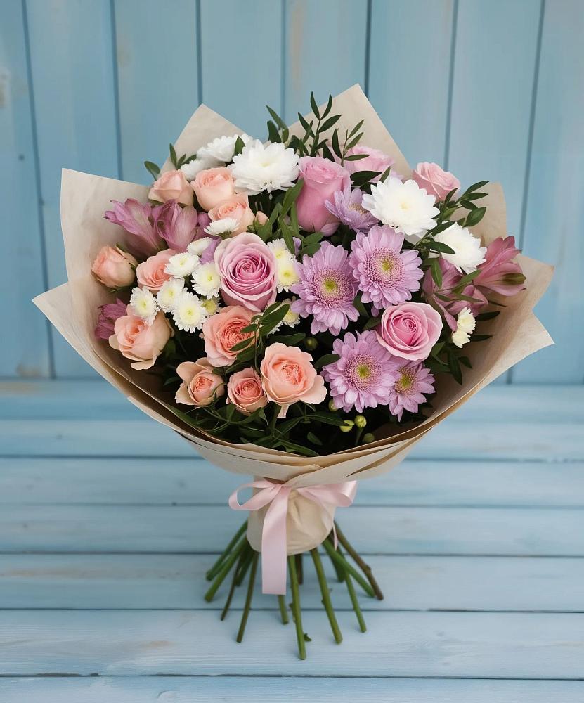 Букет цветов из: Хризантемы, Розы и Альстромерии в Пузево