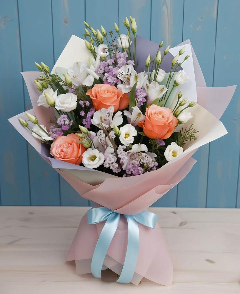 Букет цветов из: Лизиантусы, Розы, Альстромерии и Гипсофила в Пузево