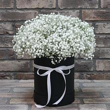Цветочная композиция из Гипсофила в шляпной коробке в Пузево