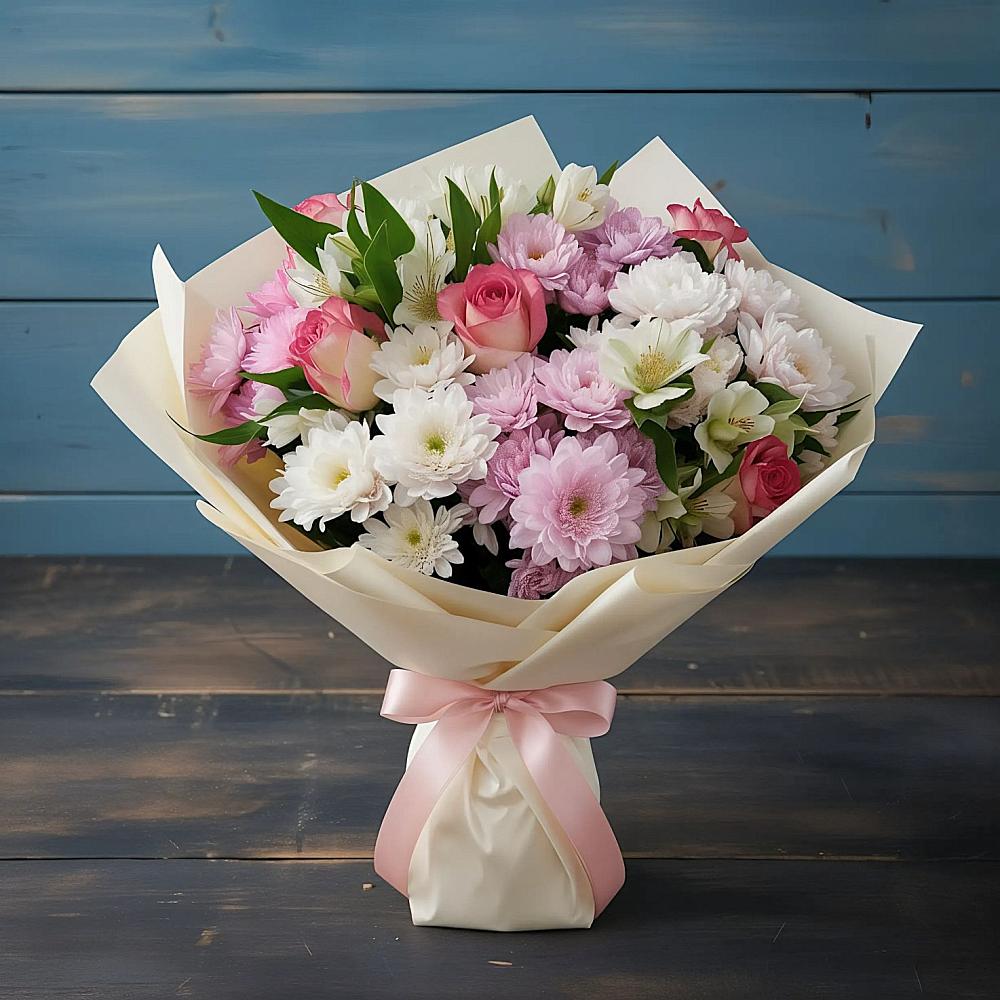 Букет цветов из: Хризантемы, Альстромерии и Розы в Пузево